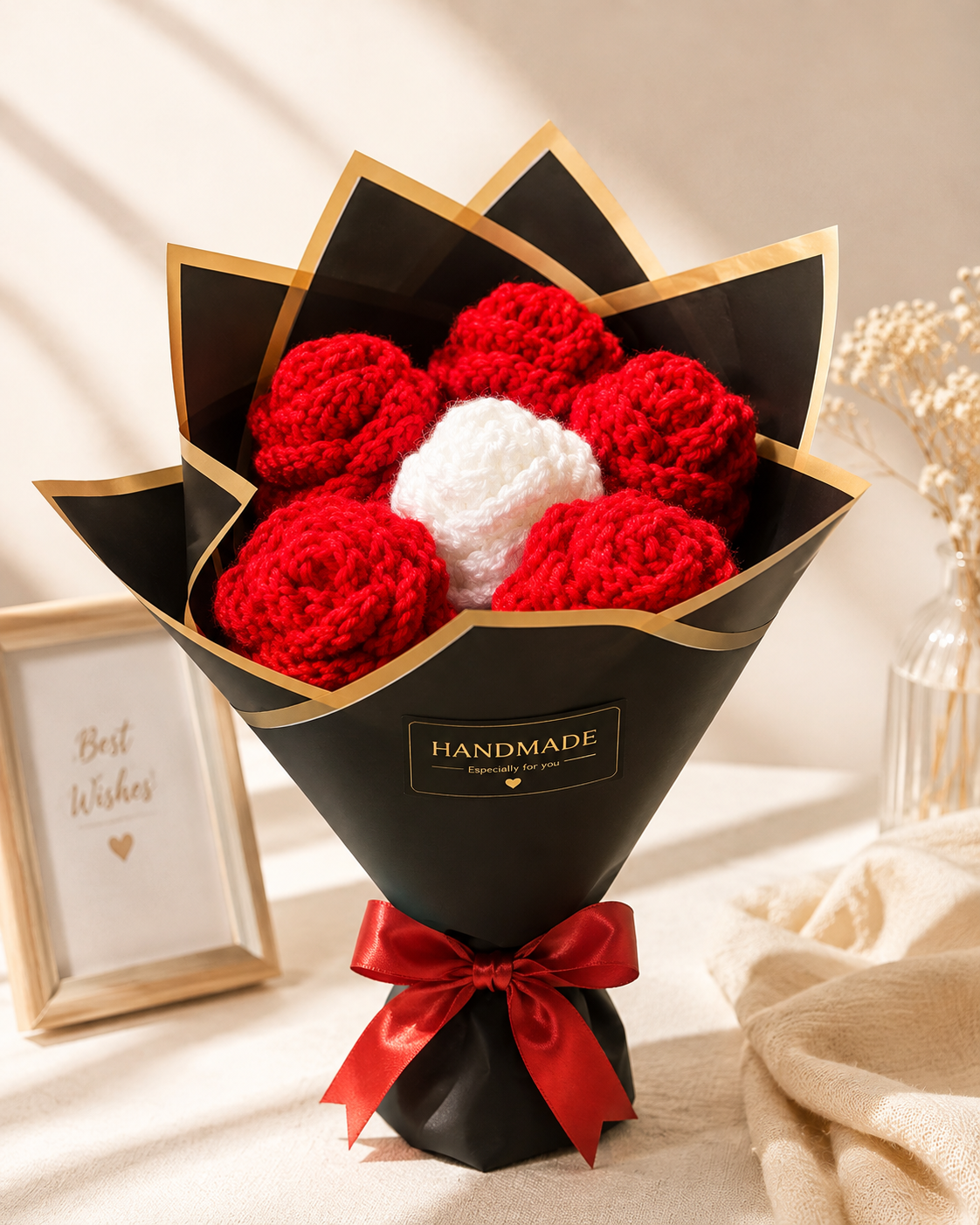 Handmade Red & White Crochet Rose Bouquet