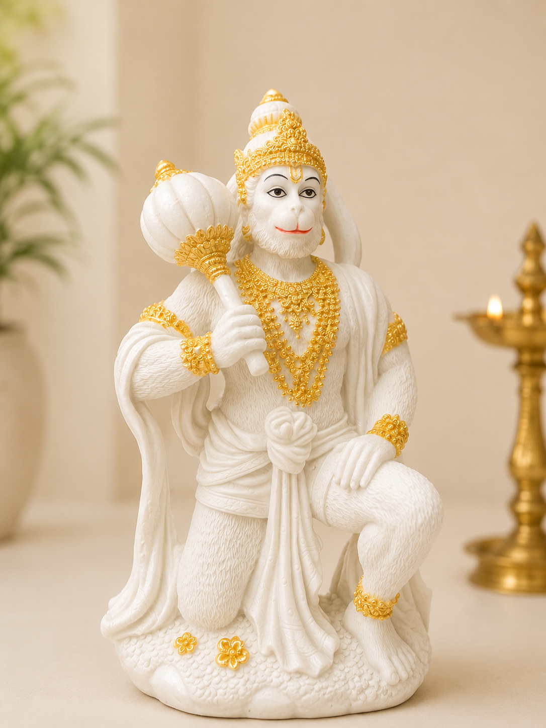 Divine Hanuman Ji Idol – White & Gold Premium Decorative Statue