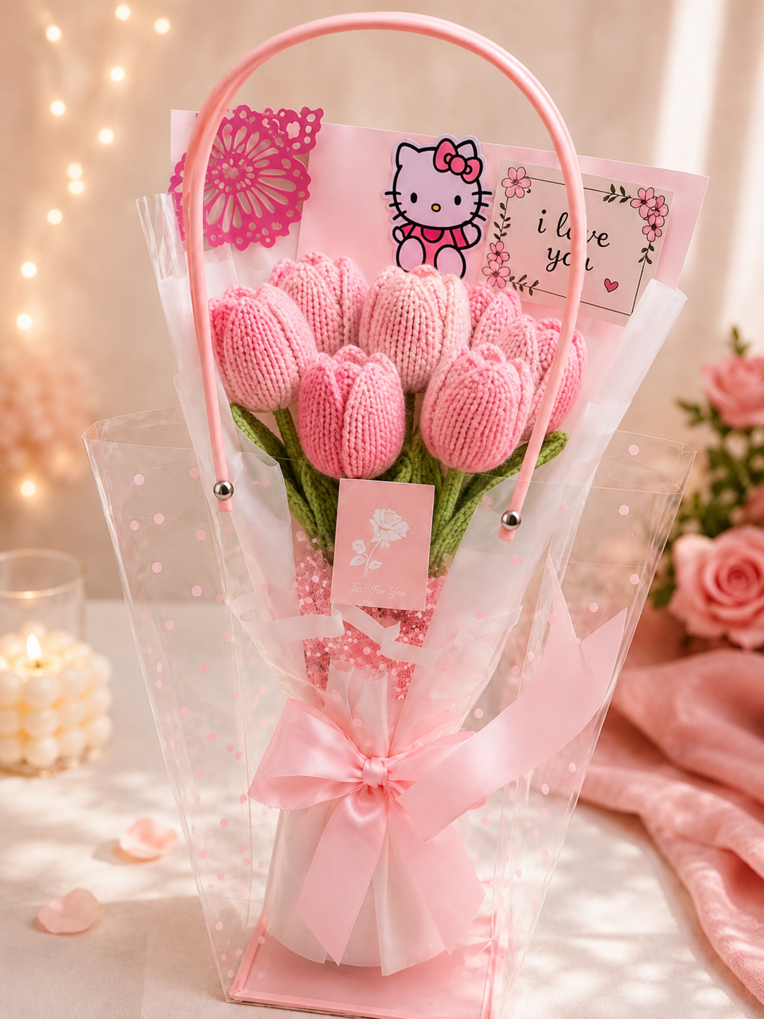 Pink Knitted Tulip Love Basket Bouquet