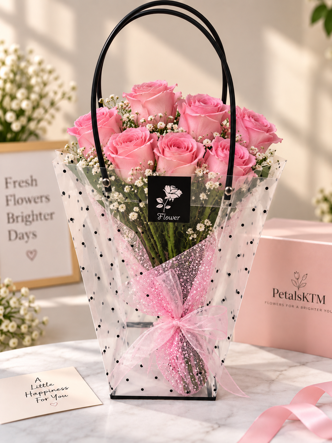 Blush Elegance – Premium Pink Rose Basket Bouquet