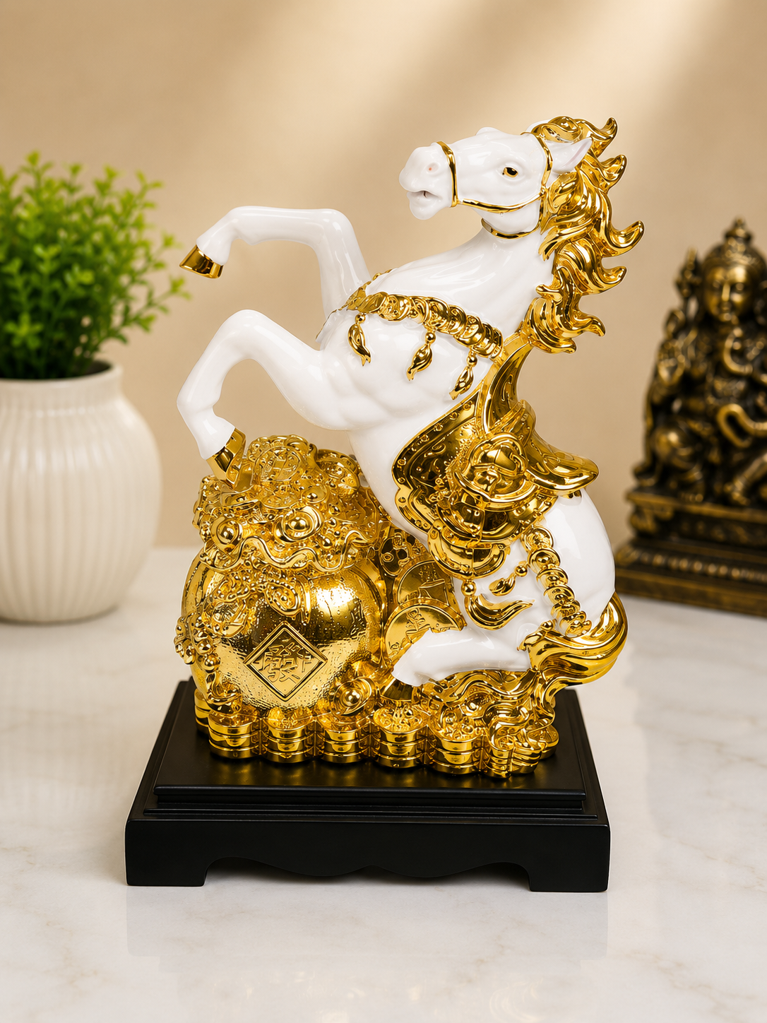 Majestic White & Gold Feng Shui Horse Showpiece