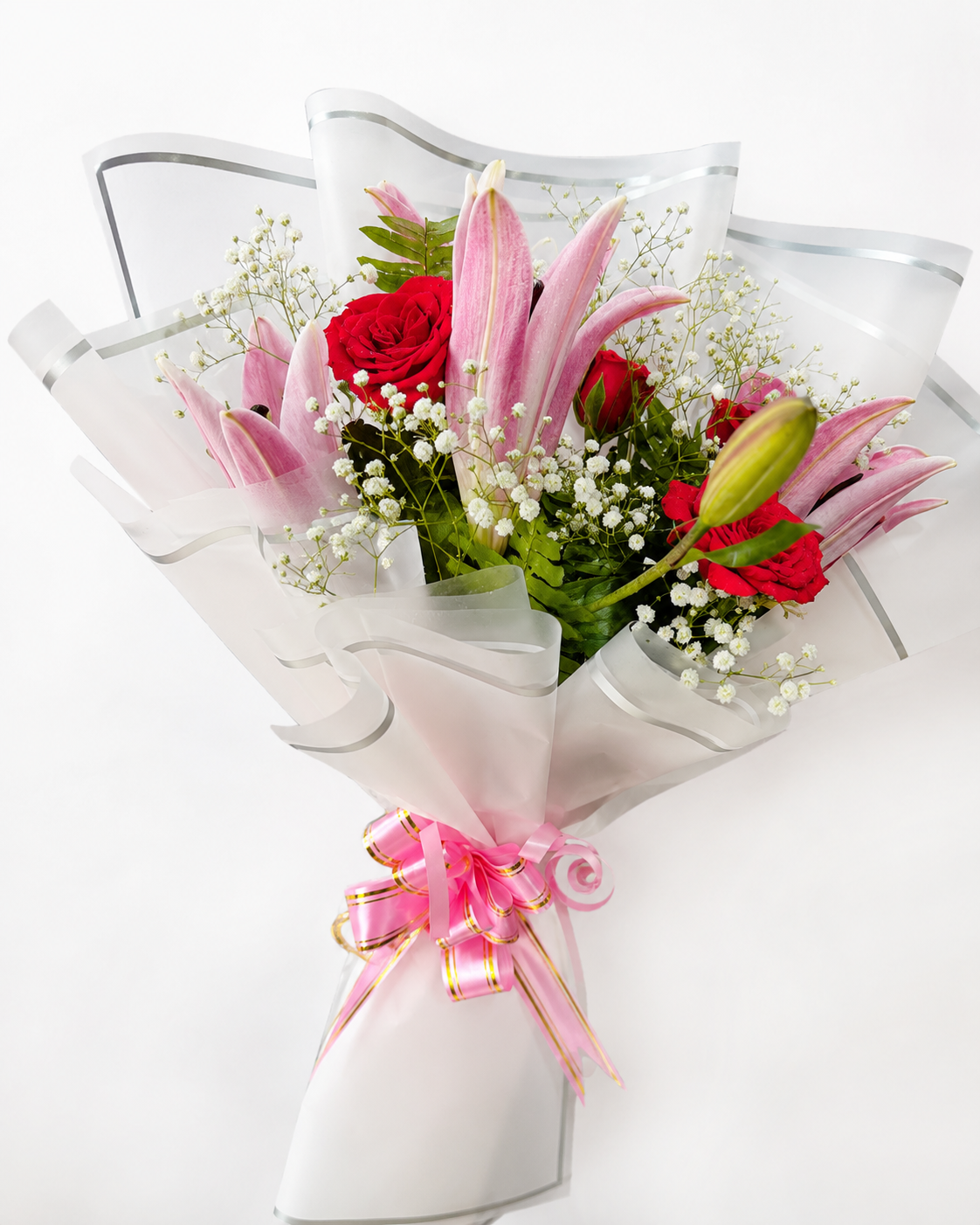 Blushing Romance Bouquet – Pink Lilies & Red Roses