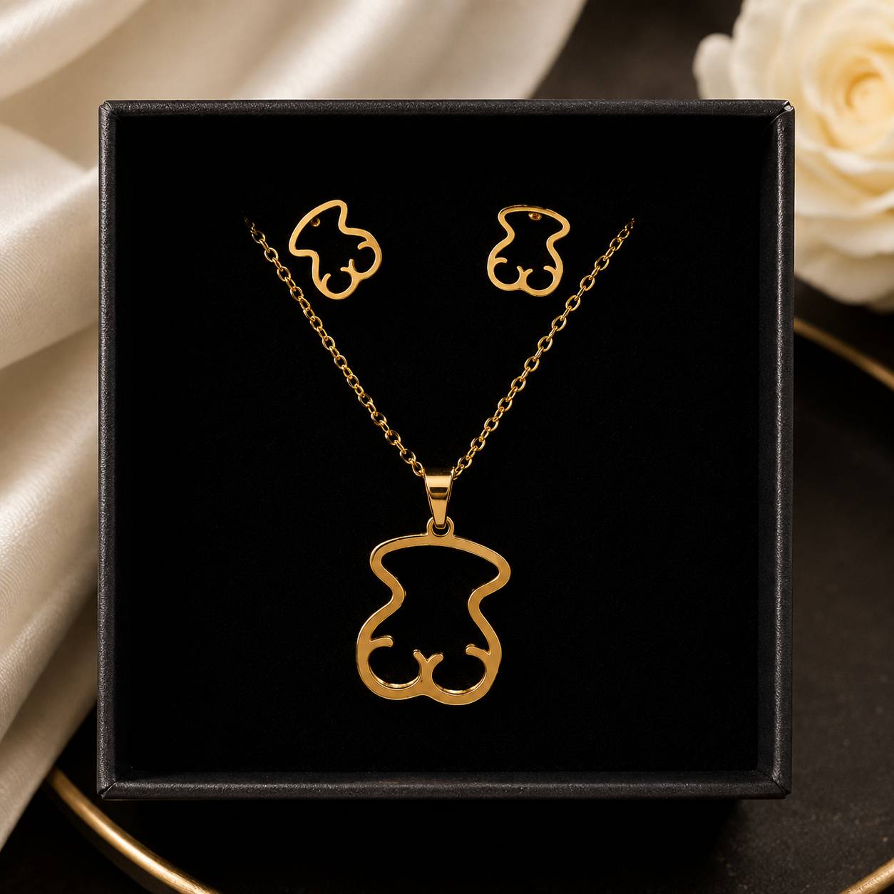 Elegant Gold Teddy Bear Necklace & Earring Set