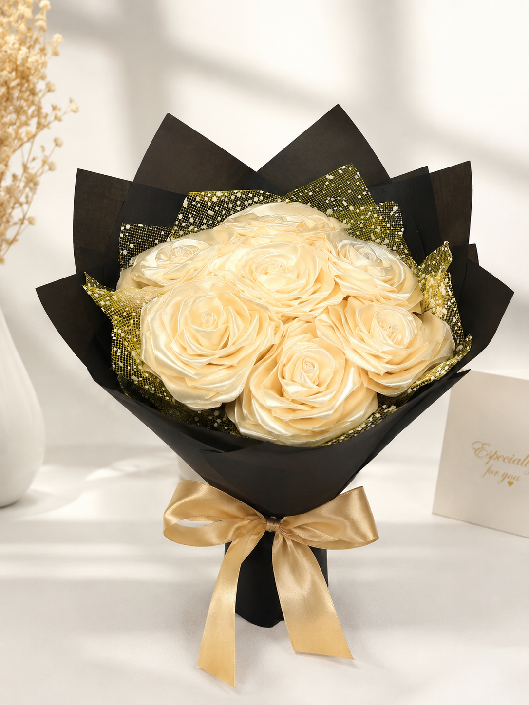 Luxury Ivory Rose Bouquet with Gold Accents