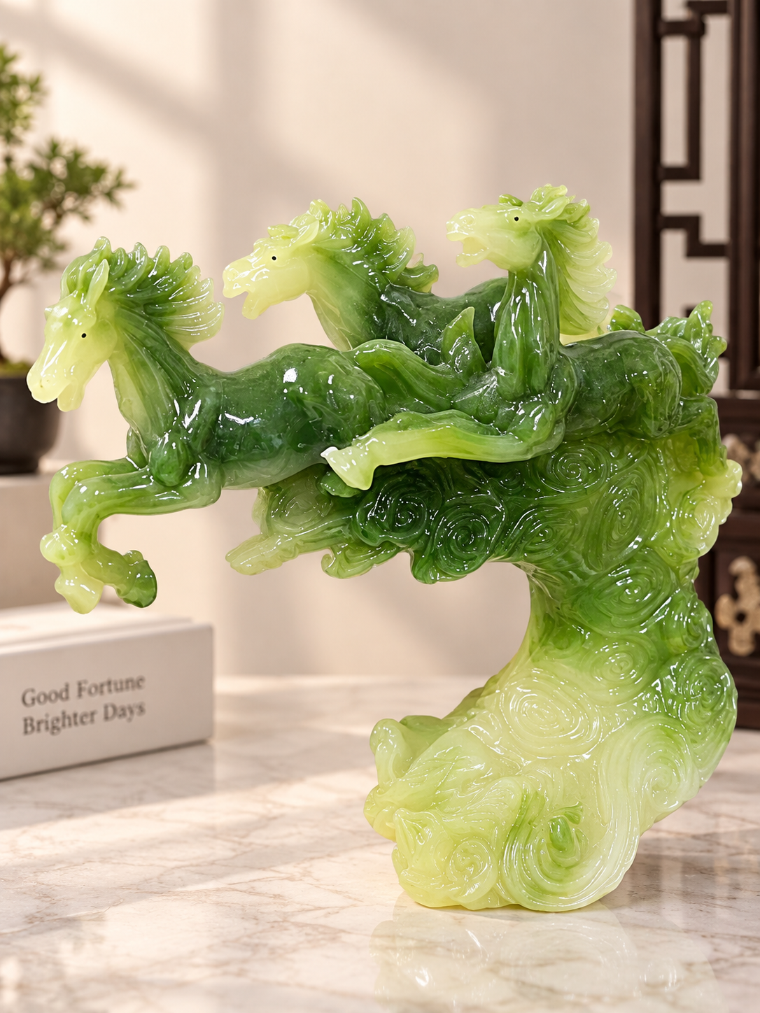 🐉 Jade Green Three-Horse Prosperity Sculpture