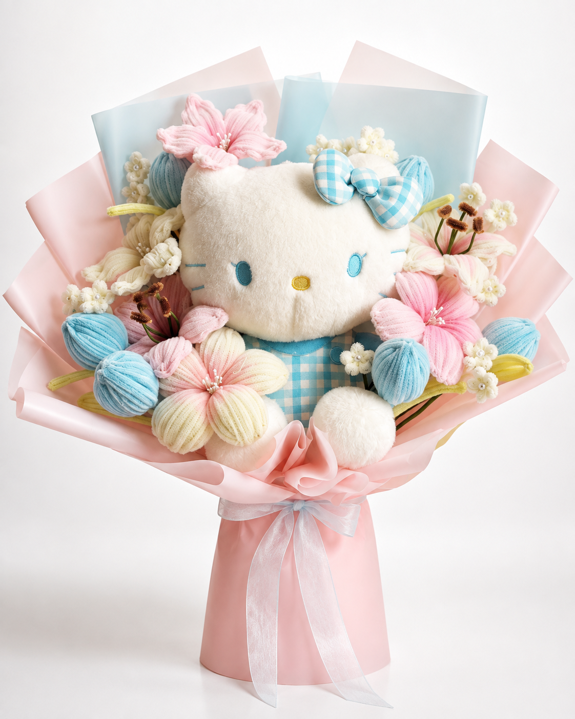 Blue & Pink Teddy Yarn Flower Bouquet