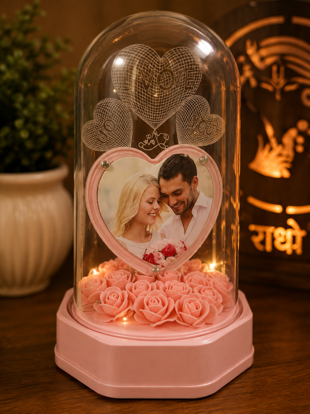 Personalized Pink Rose Ring & Photo Love Dome
